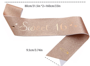 Detail of rose gold Sweet 16 sash showing glitter texture and 160cm x 9.5cm dimensions