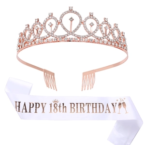 Set de couronne de 18ème anniversaire et écharpe en satin blanc avec strass rose doré