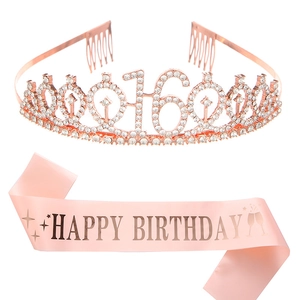 Tiara per 16° compleanno in oro rosa e fascia in raso rosa per festa decorativa