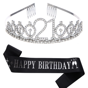Détails de la couronne strass 21 ans et écharpe en satin noir Happy Birthday pour fête
