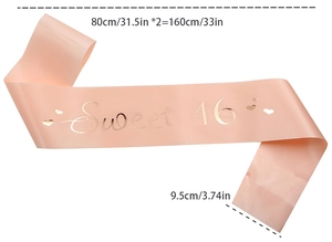 Detail of Sweet 16 sash in peach satin fabric with elegant gold foil lettering