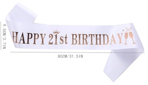 Écharpe 21e anniversaire en satin blanc avec lettrage or rose et taille 9,5x80cm