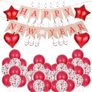 Kit de decoración Happy New Year con pancarta rosa y globos de estrella y corazón rojos