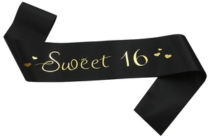 Detail of black satin Sweet 16 sash with gold foil lettering and crown design