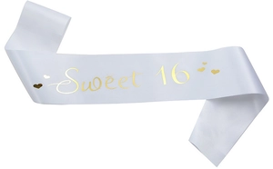 Close-up of white satin Sweet 16 sash with gold foil lettering and crown detail