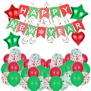 Happy New Year party decoration set with red green banners, balloons and swirls