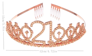 Detail view of crystal 21st birthday crown tiara with side combs and size dimensions