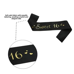 Detail of Sweet 16 satin sash with gold foil lettering and premium fabric texture