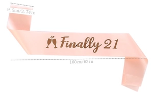 Detailed view showing 9.5cm width and 160cm length of Finally 21 pink satin sash