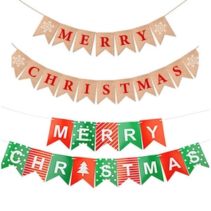 Detail showing various Merry Christmas banners in burlap and festive red green patterns
