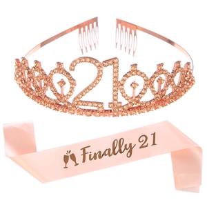 Rose gold crystal 21st birthday tiara and Finally 21 pink satin sash party set