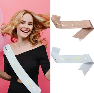 Sweet 16 Birthday Girl Sash Glitter Satin Fabric Gold Stamping Birthday Party Supplies Anniversary Decoration Accessory