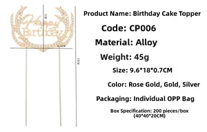 Detailed view of rose gold alloy birthday cake topper with rhinestones and dimensions