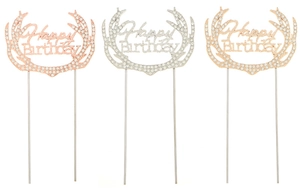Detailed view of rhinestone-encrusted antler Happy Birthday cake toppers in three colors