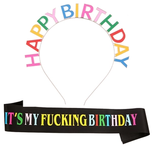 Rainbow Happy Birthday headband and black satin sash set for adults party celebration