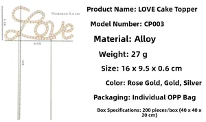 Detailed size and color specs for rhinestone LOVE alloy cake topper decorations