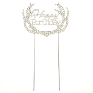 Silver alloy Happy Birthday cake topper with rhinestones and elegant deer antler design