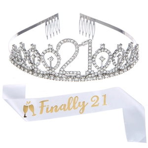 Sparkling crystal crown and Finally 21 white satin sash set for 21st birthday party