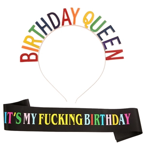 Birthday Queen colorful metal headband and black satin sash set for party celebration