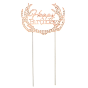 Rose gold antler Happy Birthday cake topper with white rhinestones on white background