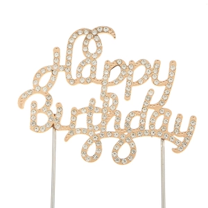 Close-up of rose gold Happy Birthday cake topper with sparkling crystal rhinestones