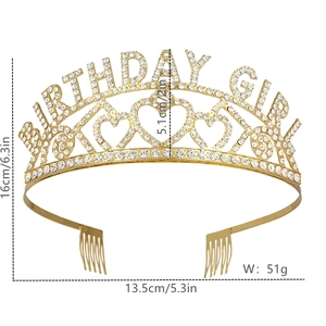 Détails du diadème BIRTHDAY GIRL doré avec strass et spécifications de dimensions