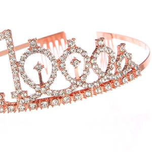 Elegant rose gold 18th birthday tiara with rhinestones and side combs on white background