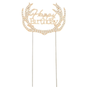 Happy Birthday Metal Alloy Cake Topper Rhinestone Inlaid Antler Design Party Accessory Luxurious Sparkling Birthday Decoration