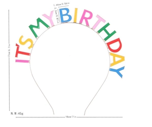 Detailed size chart of colorful IT'S MY BIRTHDAY headband with dimensions and weight
