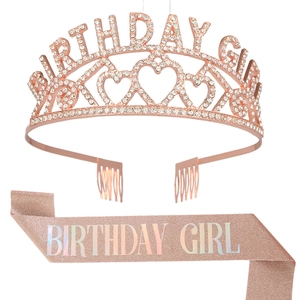 Ensemble couronne d'anniversaire or rose et écharpe pailletée avec des cristaux