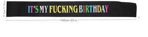 Detail of black birthday sash with colorful lettering and dimensions of 160x9.5cm