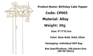 Detailed size and material guide for Happy Birthday alloy cake topper with rhinestones