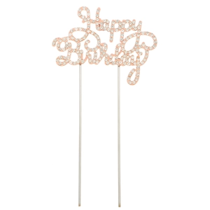 Detail of rose gold Happy Birthday cake topper with sparkling crystal rhinestones