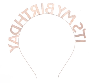 Detail of rose gold metal birthday headband featuring cutout ITS MY BIRTHDAY text