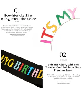 Detail of colorful zinc alloy birthday headband and black satin sash with gold foil text