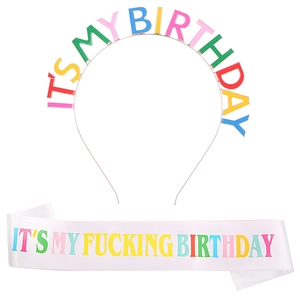 Rainbow 'It's My Birthday' metal headband and white satin sash party decoration set