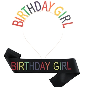 Set cerchietto Birthday Girl arcobaleno e fascia di raso nera per feste di compleanno
