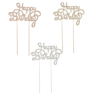 Sparkling rhinestone Happy Birthday cake topper set in gold, rose gold and silver