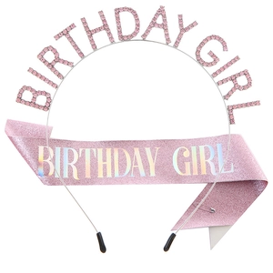 Pink Birthday Girl rhinestone tiara crown and glitter sash set for party decoration