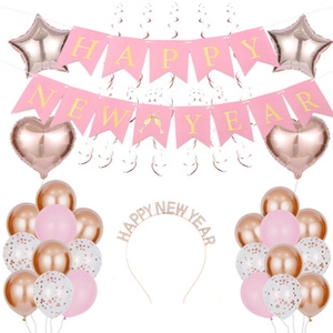 Rose gold Happy New Year party set with balloons, banners and tiara headband