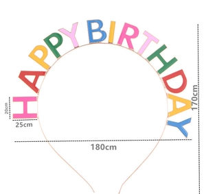 Detailed view of metal Happy Birthday headband with colorful rainbow lettering