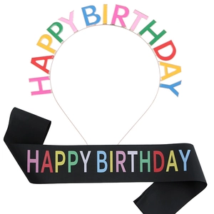 Rainbow Happy Birthday crown headband and black satin sash birthday party accessory set