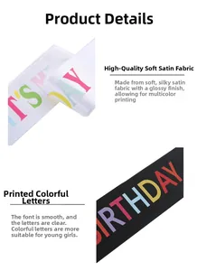 Detail of white and black satin birthday sashes with colorful silk screen printing