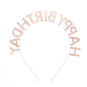 Detailed back view of rose gold Happy Birthday metal headband with polished alloy finish