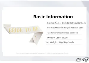 Detailed specs for white and gold glitter BRIDE TO BE sash with pin and fabric info