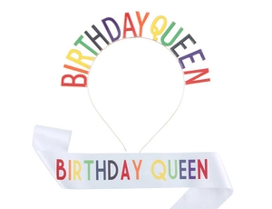 Close-up of rainbow BIRTHDAY QUEEN metal headband and white satin shoulder sash set