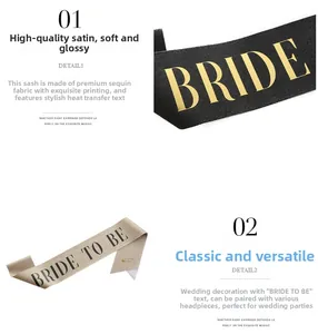 Detail of glitter fabric wedding sashes with gold foil Bride To Be lettering