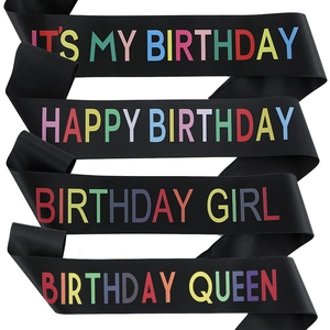 Rainbow 'Its My Birthday' black satin sashes set for girls birthday party decoration