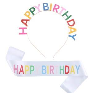 Cerchietto arcobaleno Happy Birthday con fascia in raso bianco per festa di compleanno