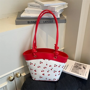 Cherry Print PU Leather Shoulder Bag For Women Urban Minimalist Underarm Bag Fresh Small Square Crossbody Daily Handbag
